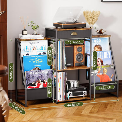 Record Player Stand with Vinyl Storage – Record Table with Holder,6-Bin Vinyl Storage Rack & Drawer, Dual Side Display Shelves,Holds 200+ Albums,Turntable Stand for Living Room,Bedroom (Brown)