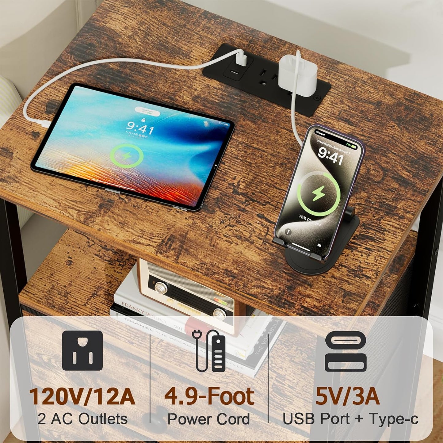Night Stand, Nightstand with Charging Station, End Table with Storage 2 Fabric Drawers for Bedroom, Small Bed Side Table with USB Ports and Outlets for Living Room, Brown, HETS020BR-1