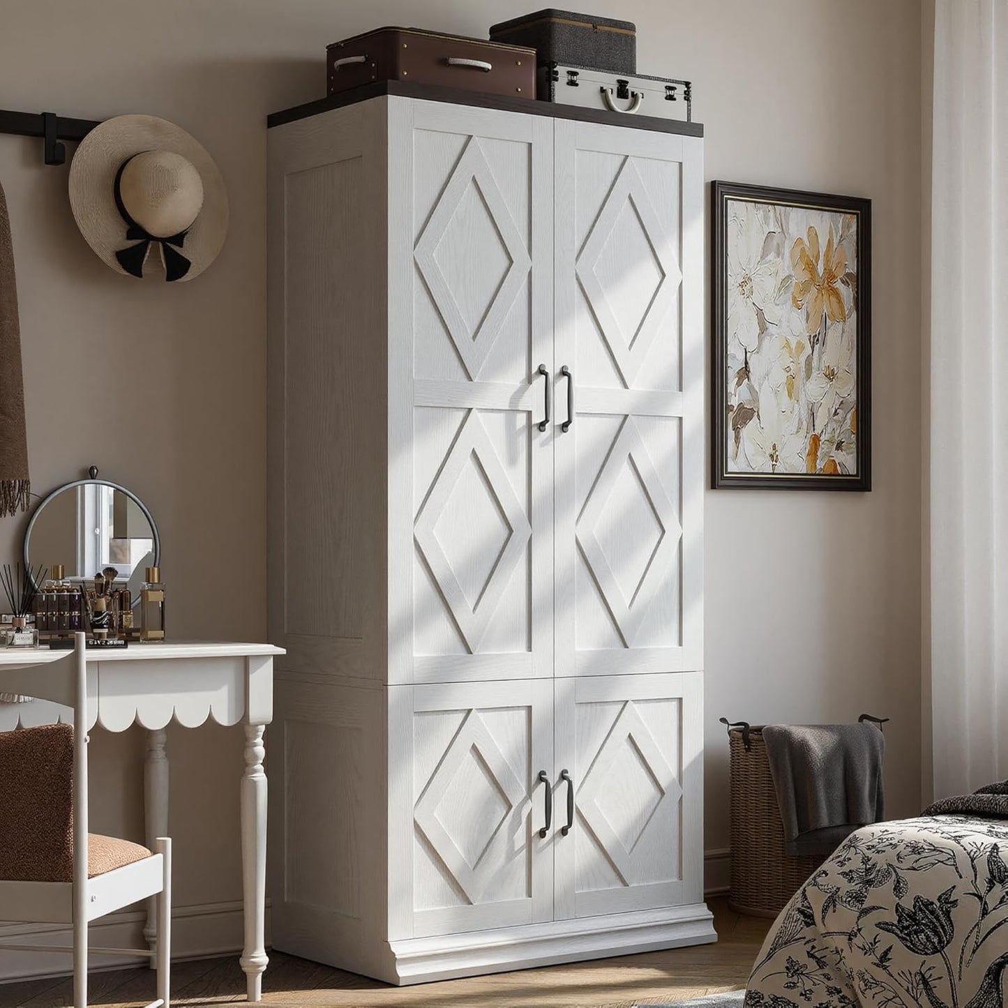 Wardrobe Closet, 71" H Tall Wooden Closet with 5 Clothing Shelves, 4 Doors and Hanging Rod for Hanging Clothes, Bedroom Freestanding Armoire Storage Cabinet, Stand Alone Clothing Unit, White