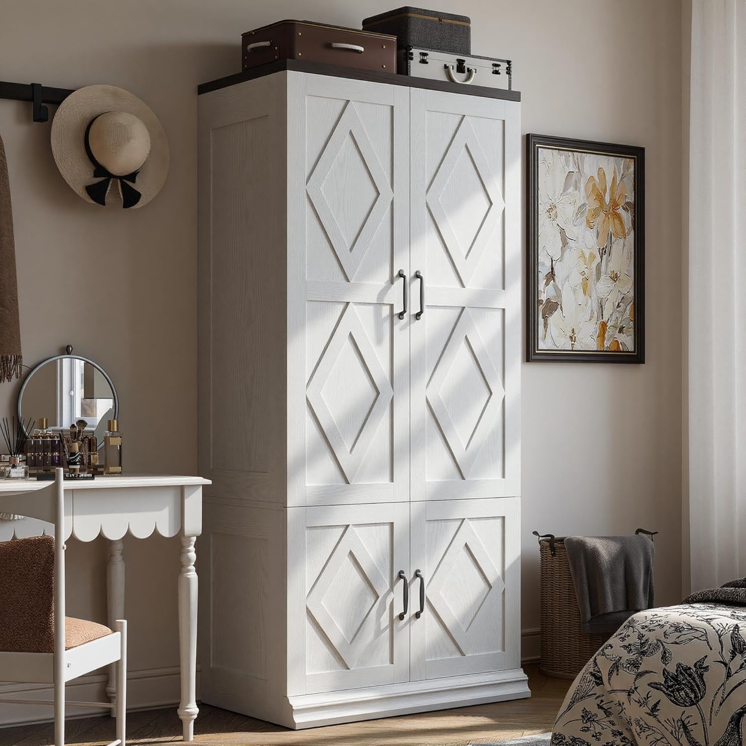 Wardrobe Closet, 71" H Tall Wooden Closet with 5 Clothing Shelves, 4 Doors and Hanging Rod for Hanging Clothes, Bedroom Freestanding Armoire Storage Cabinet, Stand Alone Clothing Unit, White