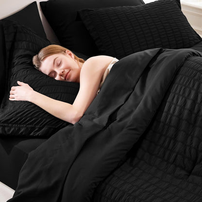 King Size Comforter Set Black Seersucker 7 Pieces Bed in a Bag King Comforter Set with Sheets, Luxury Soft Bedding Sets with down Alternative Comforter, Sheets, Pillowcases & Shams All Seasons