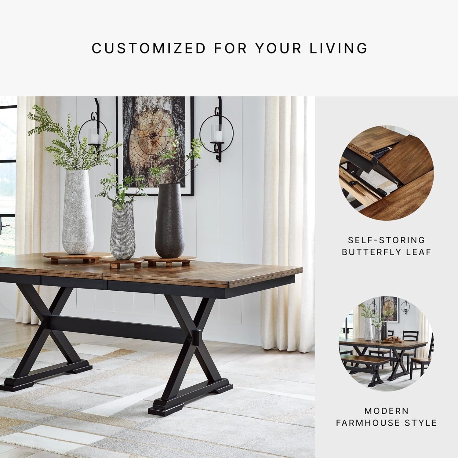 Wildenauer Farmhouse Dining Extension Table with Self-Storing Butterfly Leaf for 6-8 People, Black & Dark Brown