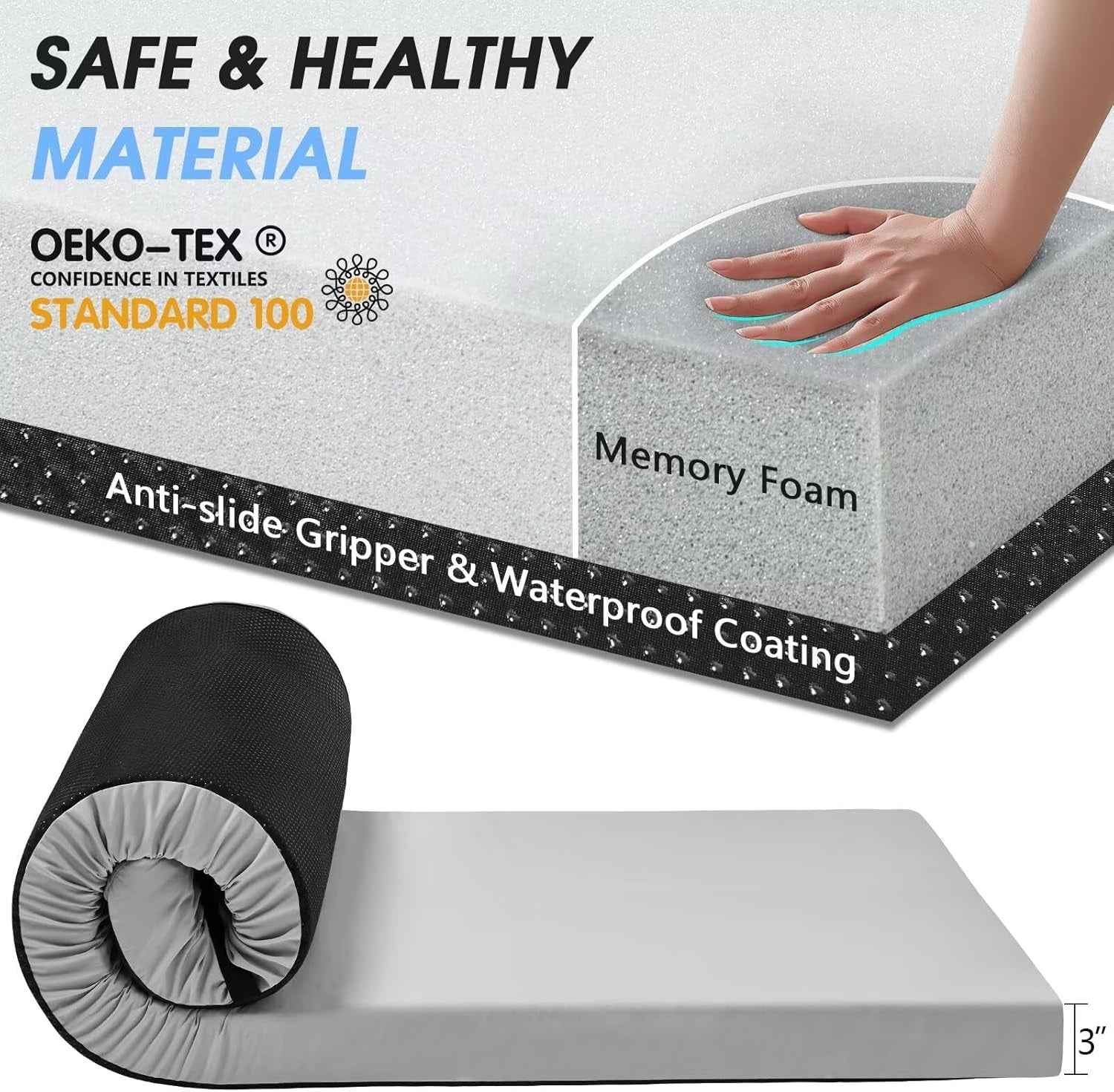 Memory Foam Camping Mattress Pad,3Inch Sleeping Pad for Camping,Non-Slip Bottom Floor Cot Car Mattress Bed with Retaining Portable Roll up Mattress Pad Mat for Travel Truck Guest Bed Tent