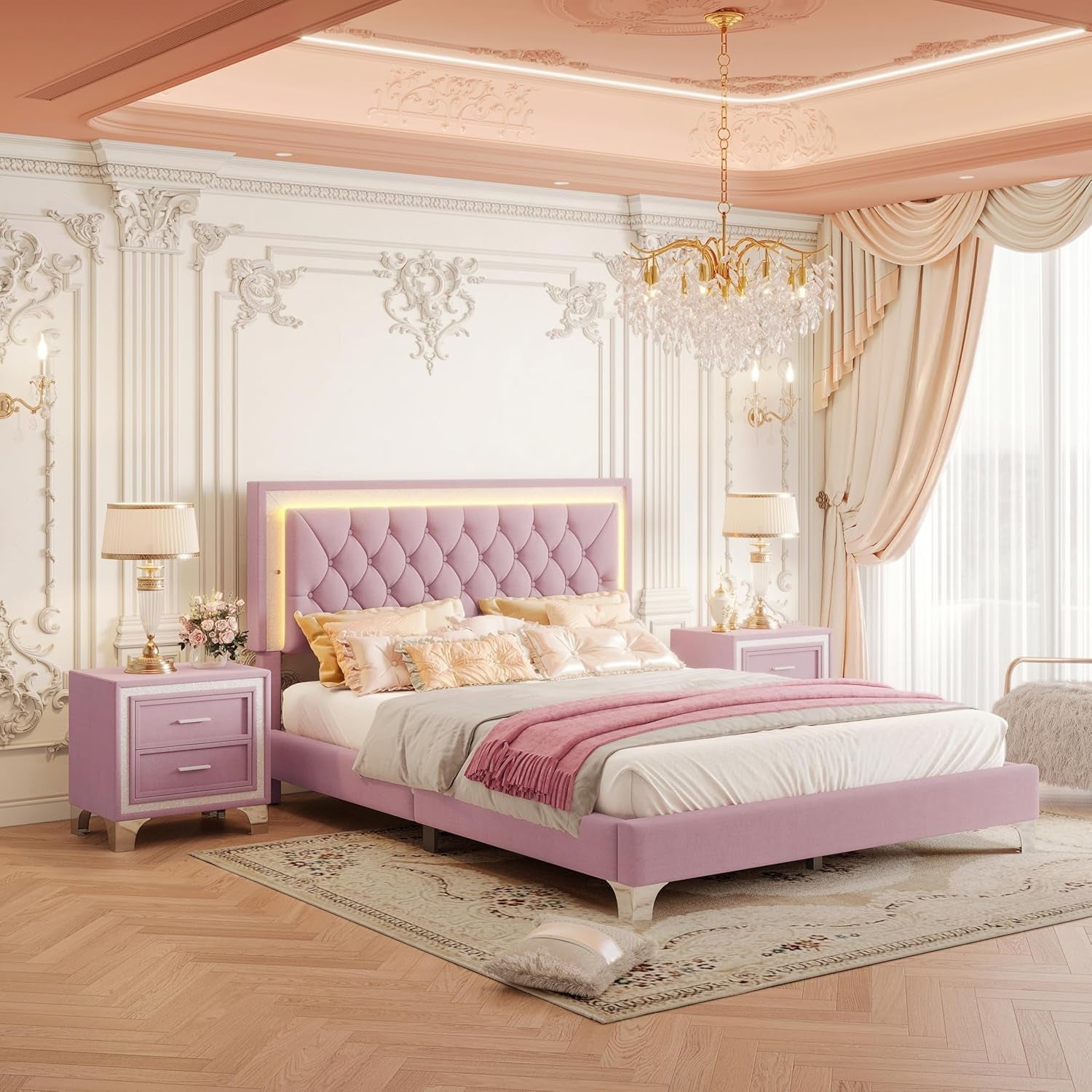 Bedroom Sets, 3-Pieces Bedroom Sets, Queen Size Upholstered Platform Bed with LED Lights and 2 Nightstands, Pink