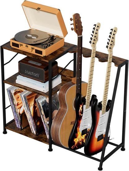 Record Player Stand, 3 Tier Guitar Stand for Acoustic, Electric Guitar, Bass Stand, Vinyl Record Storage up to 200 Albums, Brown Records Shelf for Living Room Bedroom (Rustic Brown)