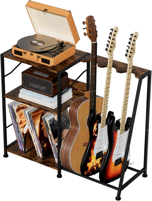 Record Player Stand, 3 Tier Guitar Stand for Acoustic, Electric Guitar, Bass Stand, Vinyl Record Storage up to 200 Albums, Brown Records Shelf for Living Room Bedroom (Rustic Brown)