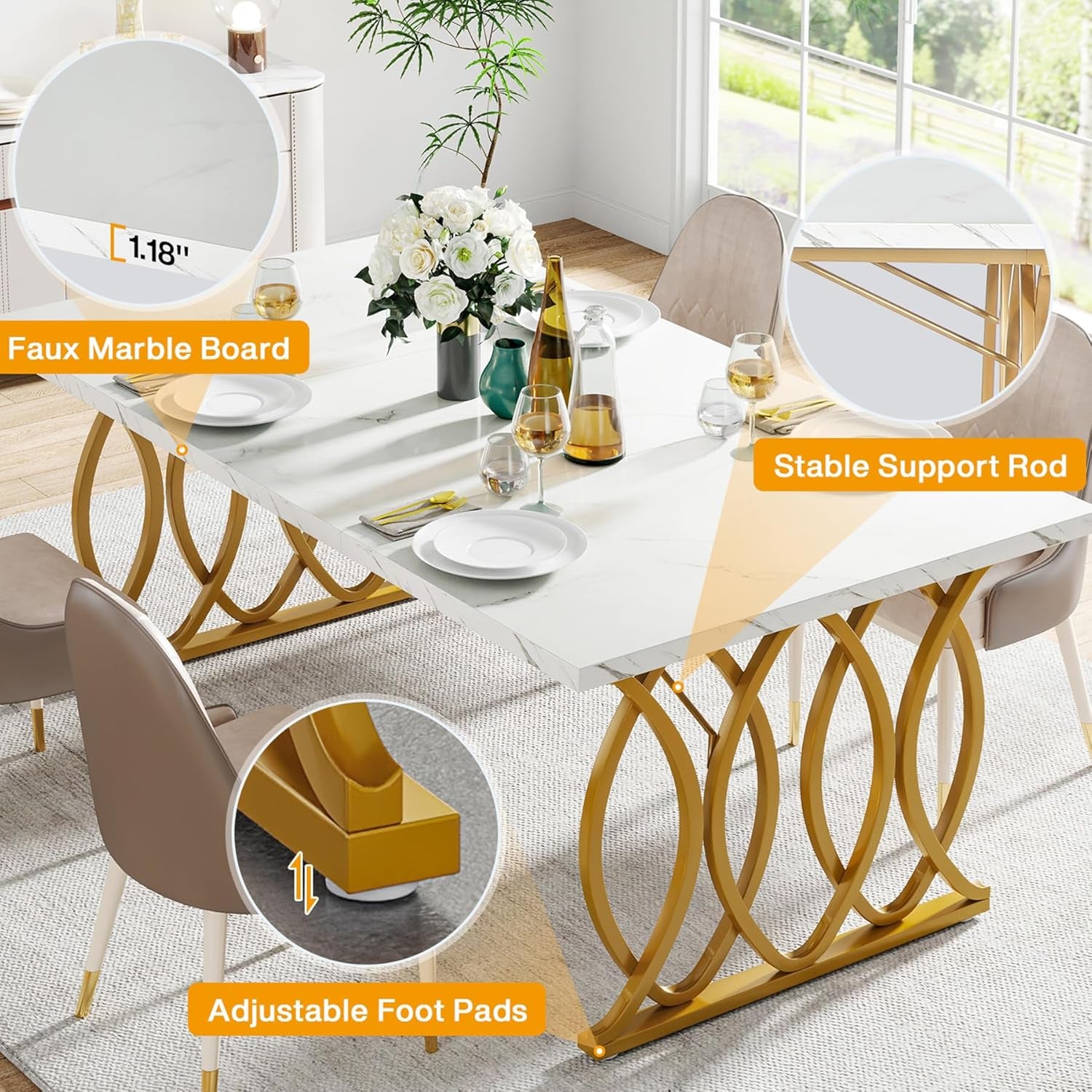 Modern Dining Table, 63" Large Kitchen Table for 4-6 People, Unique Rectangular Dinner Table Kitchen & Dining Room Furniture with Faux Marble Tabletop and Geometric Legs