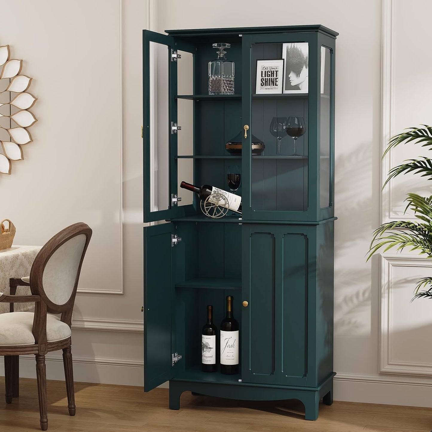 72" Freestanding Kitchen Pantry Storage Sideboard, Classical Tall Cabinet with Glass Door and Adjustable Shelves for Kitchen, Livingroom and Dining Room, Dark Teal