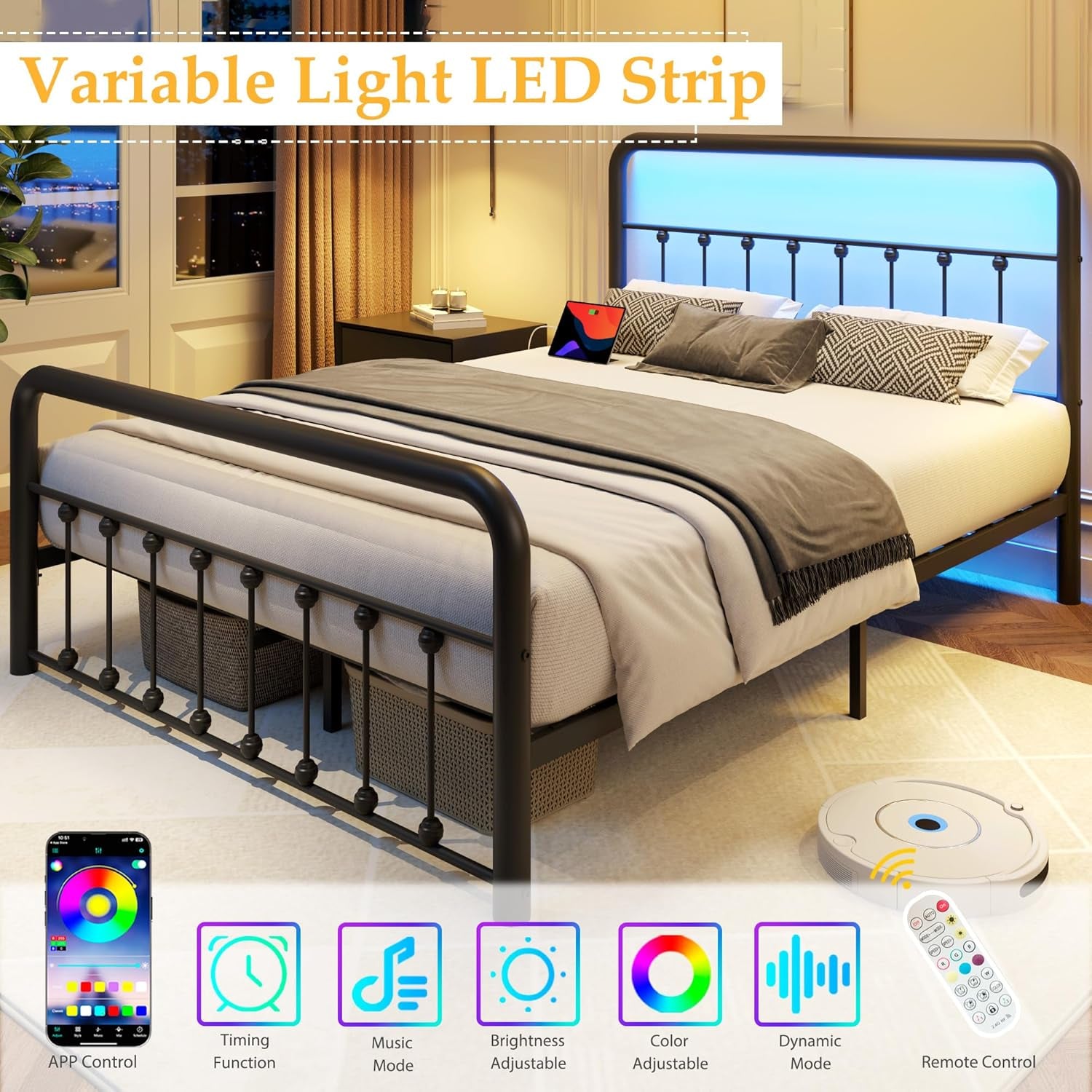 14 Inch Queen Bed Frame Classic Metal Platform Bed Frame with Charging Station & LED, Victorian Style Iron-Art Headboard/Footboard, under Bed Storage, No Box Spring Needed, Noise Free