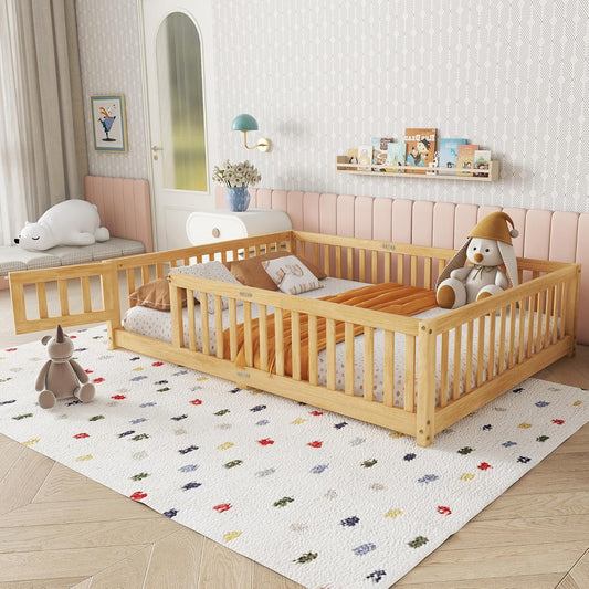 Full Size Floor Bed with Slats and Safety Guardrail, Full Size Montessori Floor Bed with Fence and Door, Easy Assemble Montessori Beds for Kids, Girls, Boys, Natural