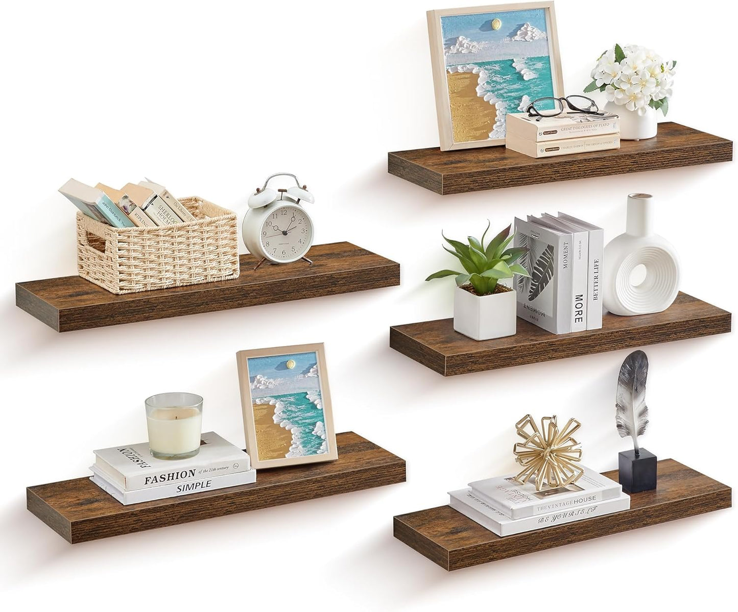 Wall Shelves Set of 5, Floating Shelves, Wall Mounted, 8 X 23.6 X 1.5 Inches, Display Shelves for Picture Frames, Wall Decor, Hanging Shelf for Living Room, Kitchen, Rustic Brown ULWS076B01