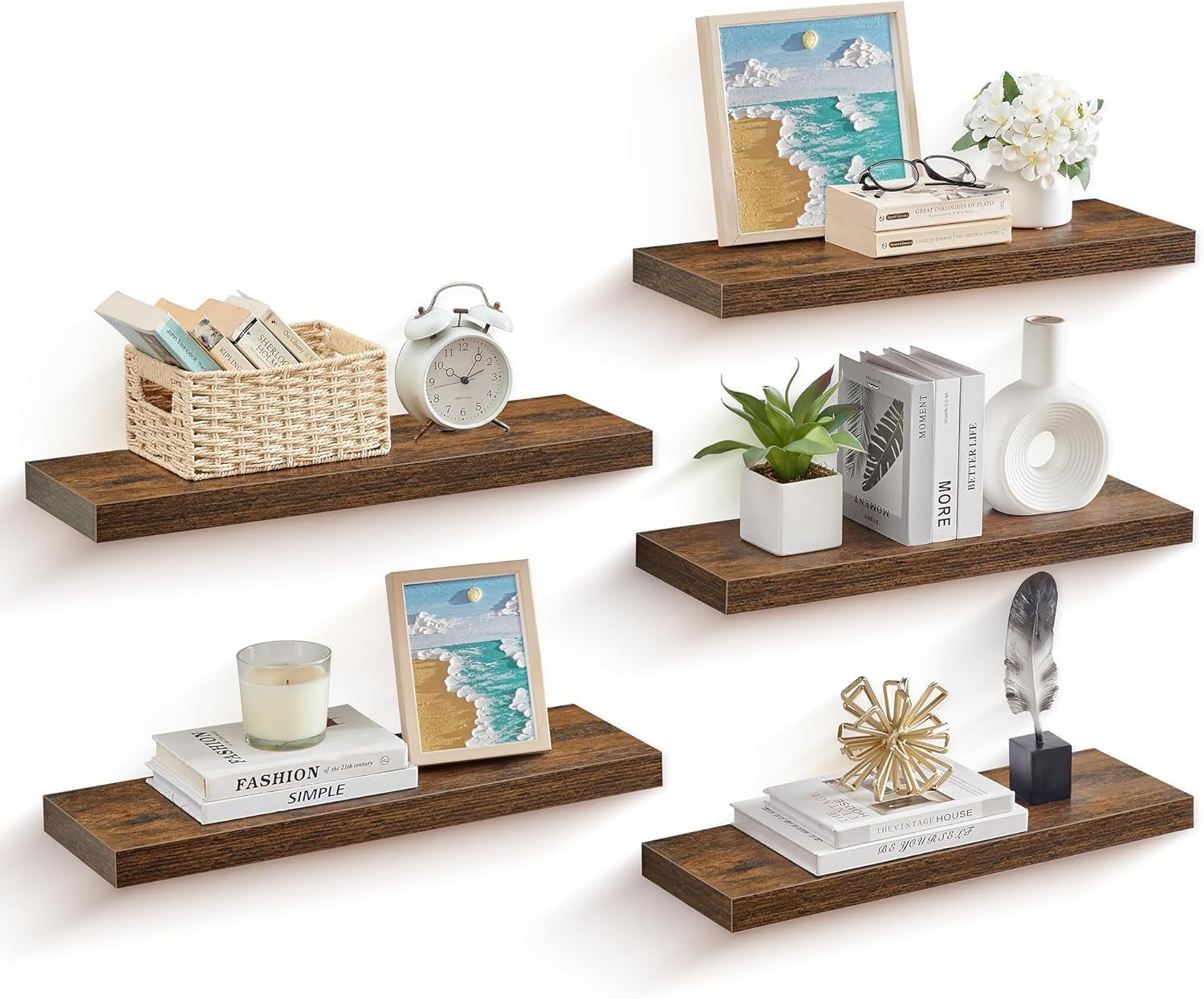 Wall Shelves Set of 5, Floating Shelves, Wall Mounted, 8 X 23.6 X 1.5 Inches, Display Shelves for Picture Frames, Wall Decor, Hanging Shelf for Living Room, Kitchen, Rustic Brown ULWS076B01