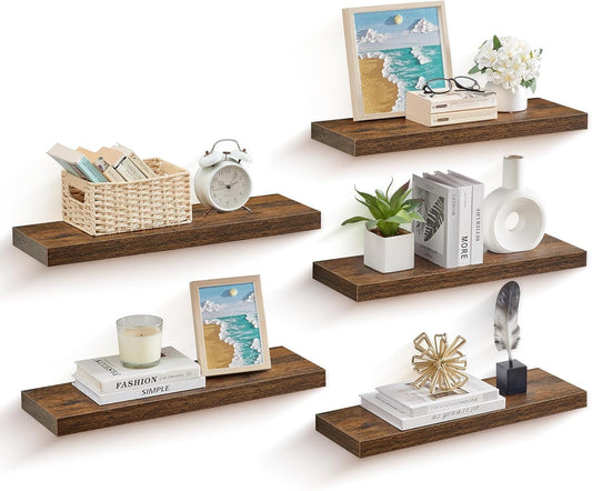 Wall Shelves Set of 5, Floating Shelves, Wall Mounted, 8 X 23.6 X 1.5 Inches, Display Shelves for Picture Frames, Wall Decor, Hanging Shelf for Living Room, Kitchen, Rustic Brown ULWS076B01