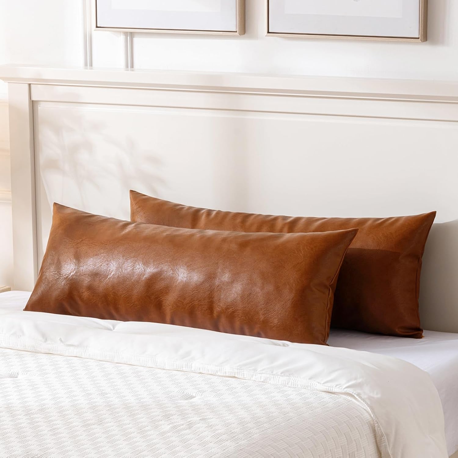 Brown Boho Long Lumbar Faux Leather Body Decorative Throw Pillow Cover 14X36 Inch for Bedroom Couch Bed Bench, Thick Stylish Solid Rectangle Pillowcase, Rustic Modern Farmhouse Room Decor