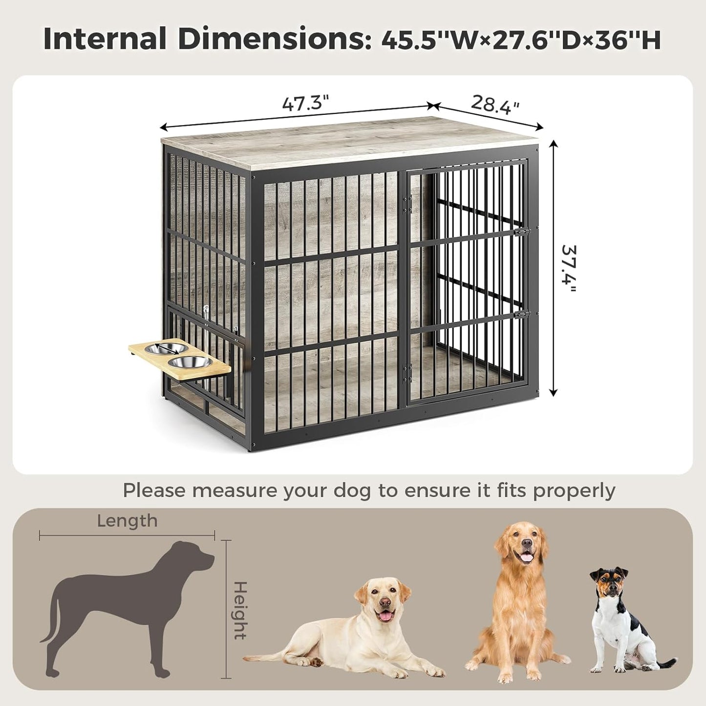 48'' XXL Dog Crate Furniture with Rotating Feeder, Large Wooden Crate End Table, Heavy Duty Indoor Kennel Cage for Medium to Large Dogs, Grey