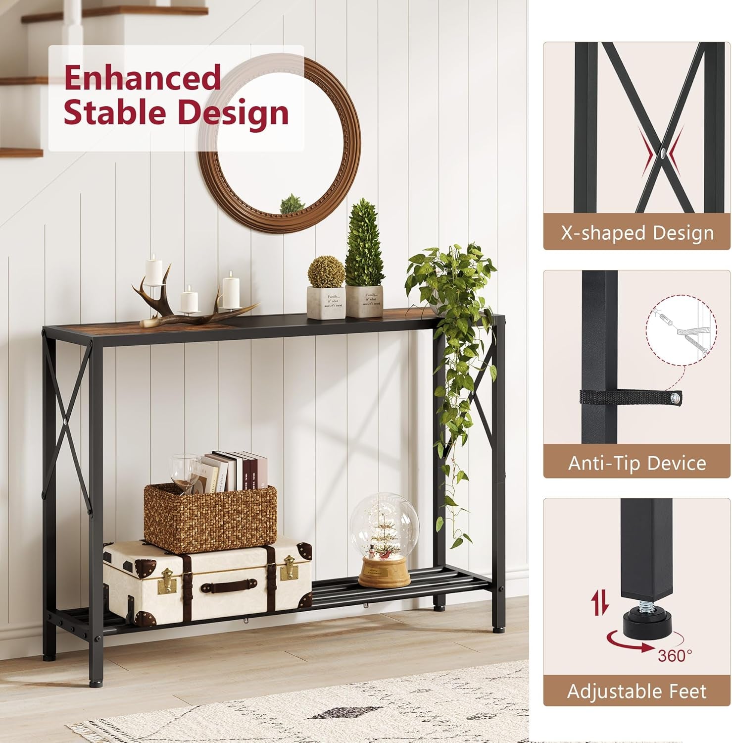 Console Table 41.8”, 2-Tier Industrial Entryway Table, Narrow Entrance Sofa Table with Shelves, Hallway, Living Room, Foyer, Corridor, Office, Rustic Brown and Black