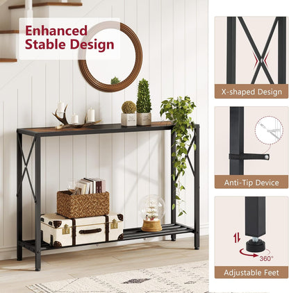 Console Table 41.8”, 2-Tier Industrial Entryway Table, Narrow Entrance Sofa Table with Shelves, Hallway, Living Room, Foyer, Corridor, Office, Rustic Brown and Black