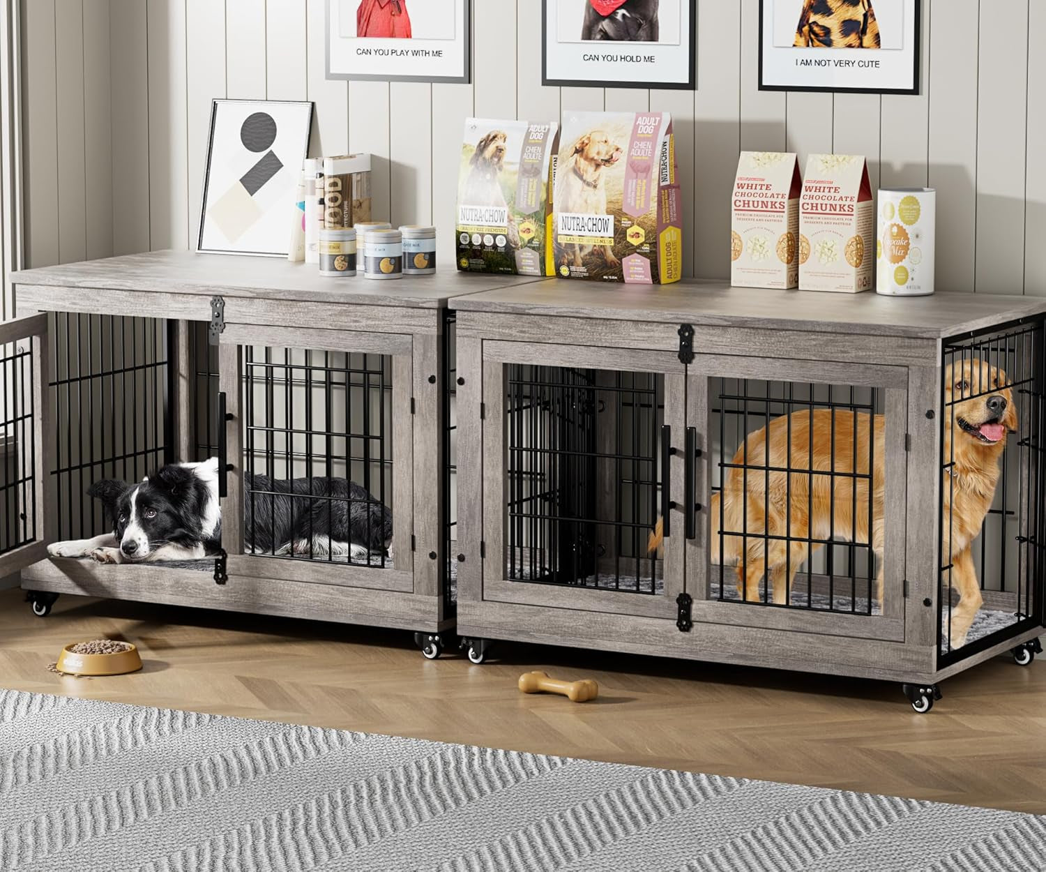 Dog Crate Furniture Set of 2, Dog Kennel Indoor Double Doors Wooden Dog Cage, 38'' Heavy Duty Dog Crate with Cushion & Wheels, End Table Pet House Chew-Resistant up to 70 Lb, Grey