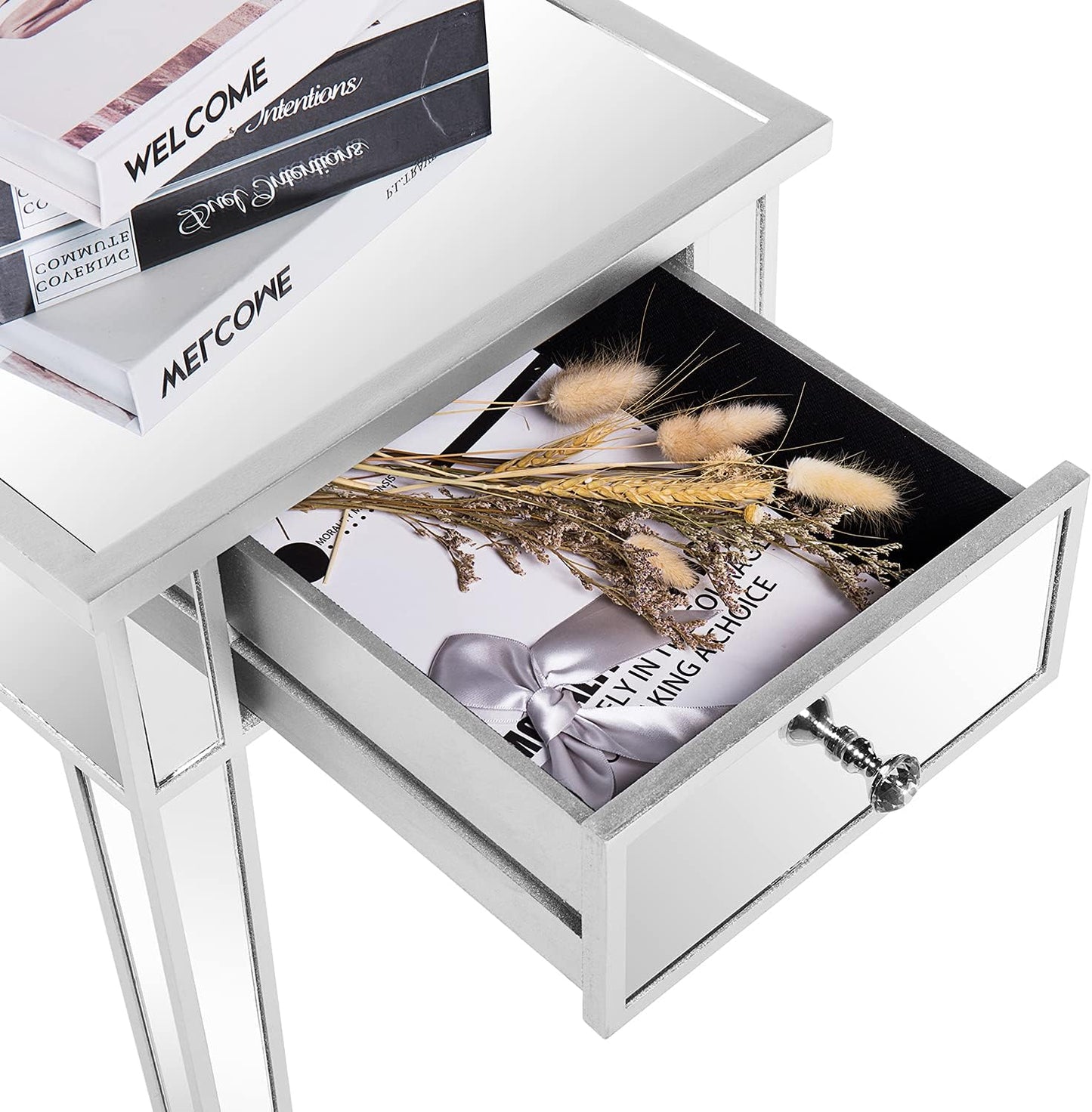 Mirrored End Table with Drawer Silver Modern Nightstand/Bedside/Accent Table for Small Space,Living Room,Bedroom,15.7" L X 15.7" W X 24" H,Mirror
