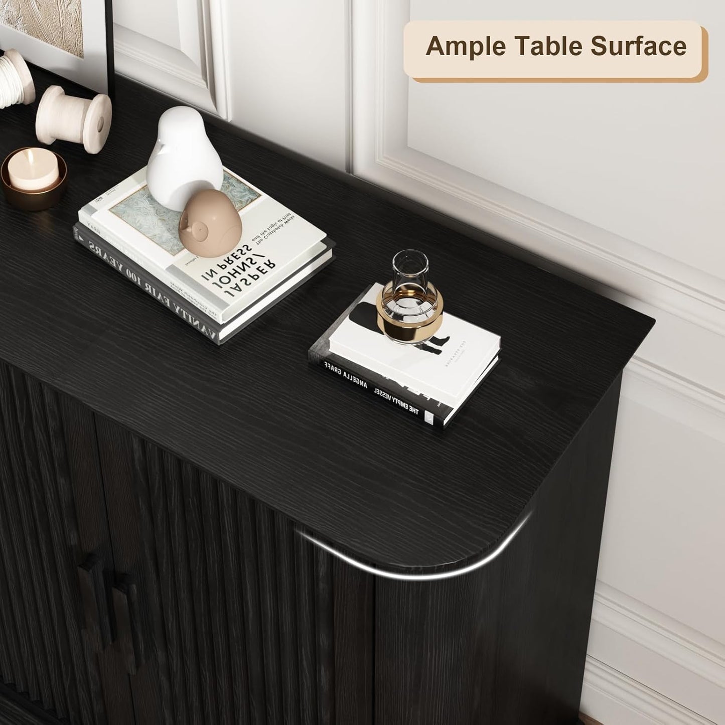 Fluted Sideboard Buffet Cabinet with Storage, 60" Modern Credenza with 4 Doors & Adjustable Shelves, Wood Coffee Bar Table for Living Room, Kitchen, Dining Room, Hallway, Black