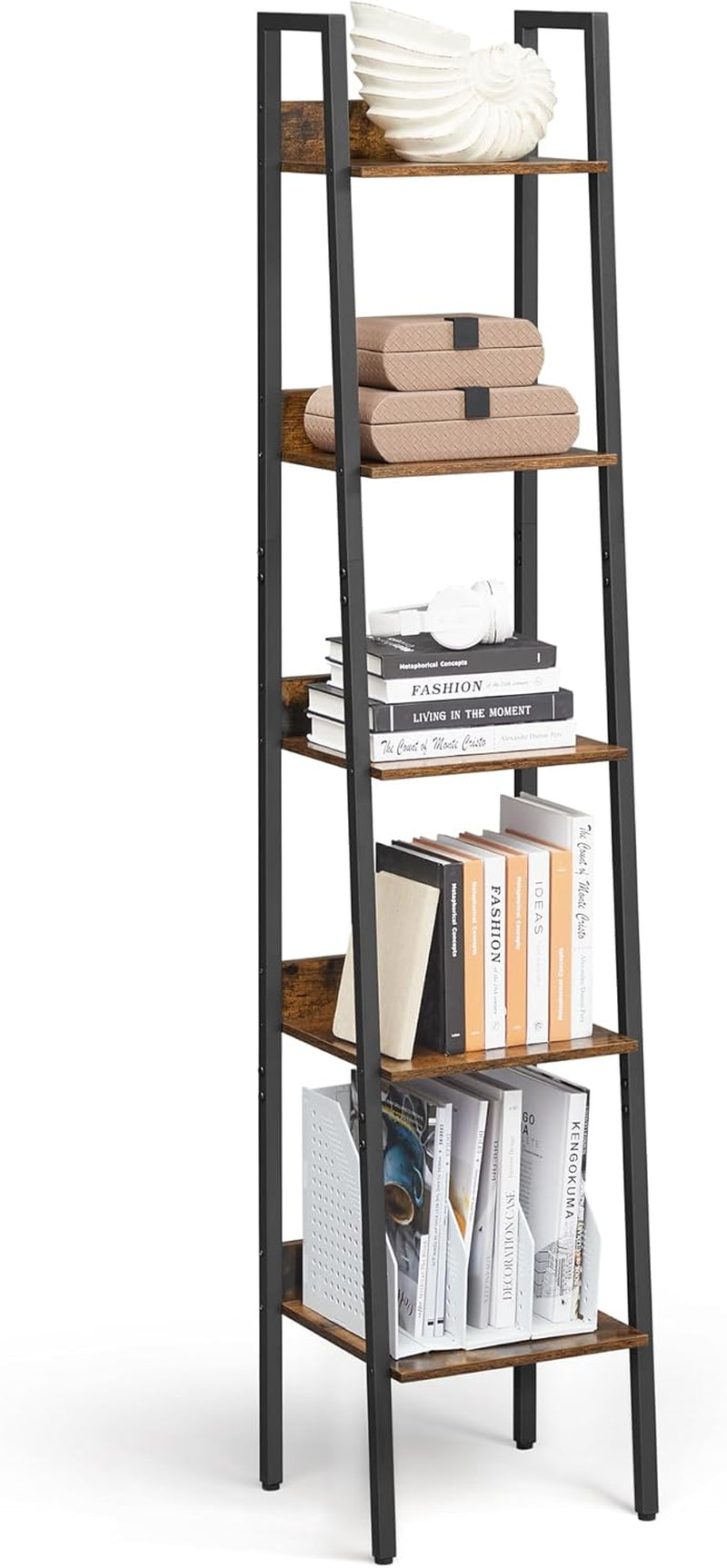Bookshelf, 5-Tier Narrow Book Shelf, 11.8 X 13.3 X 66.9 Inches, Ladder Shelf for Home Office, Living Room, Bedroom, Kitchen, Rustic Brown and Ink Black ULLS109B01