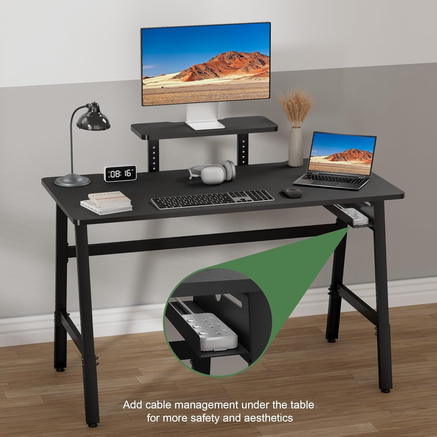 Height Adjustable Computer Desk - 47" Gaming Desk, Small Home Office Desk with Monitor Stand, Modern Simple Table Study Writing Work, Living Room Home Bedroom PC Table, Metal Frame, Black