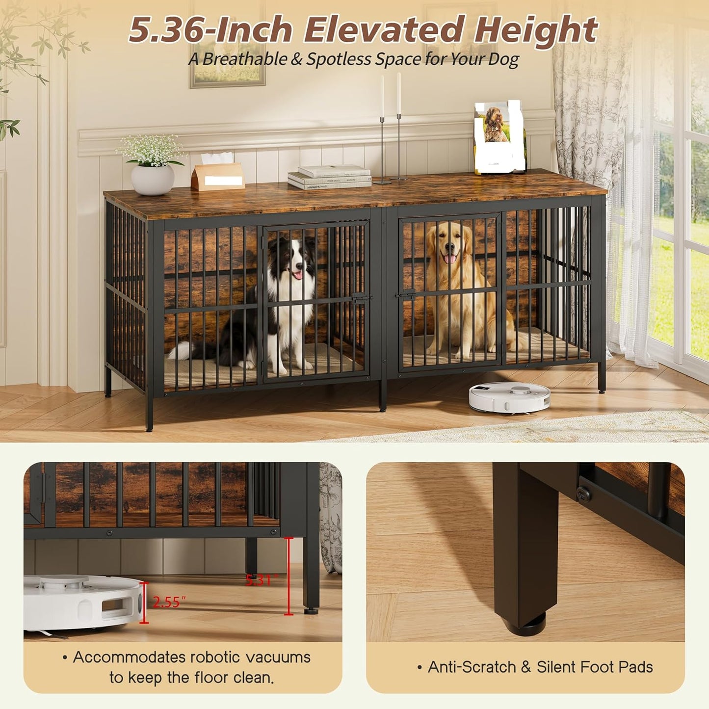 80" Heavy Duty Dog Crate Furniture with Rustic Wood Top - 3-In-1 Large Indoor Dog Kennel End Table & TV Stand, Double Door Pet House for Medium/Large Dogs (Up to 150Lbs), Easy Assembly