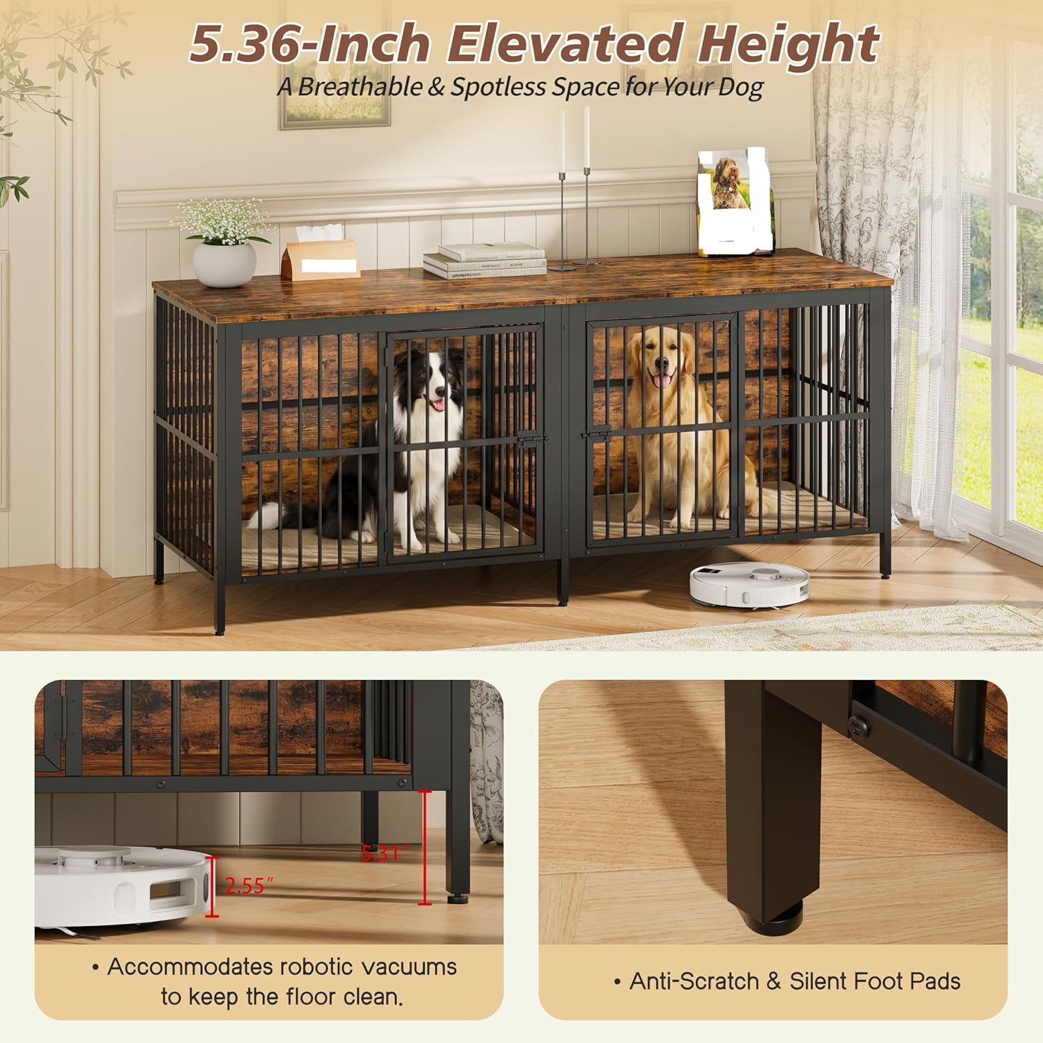 80" Heavy Duty Dog Crate Furniture with Rustic Wood Top - 3-In-1 Large Indoor Dog Kennel End Table & TV Stand, Double Door Pet House for Medium/Large Dogs (Up to 150Lbs), Easy Assembly