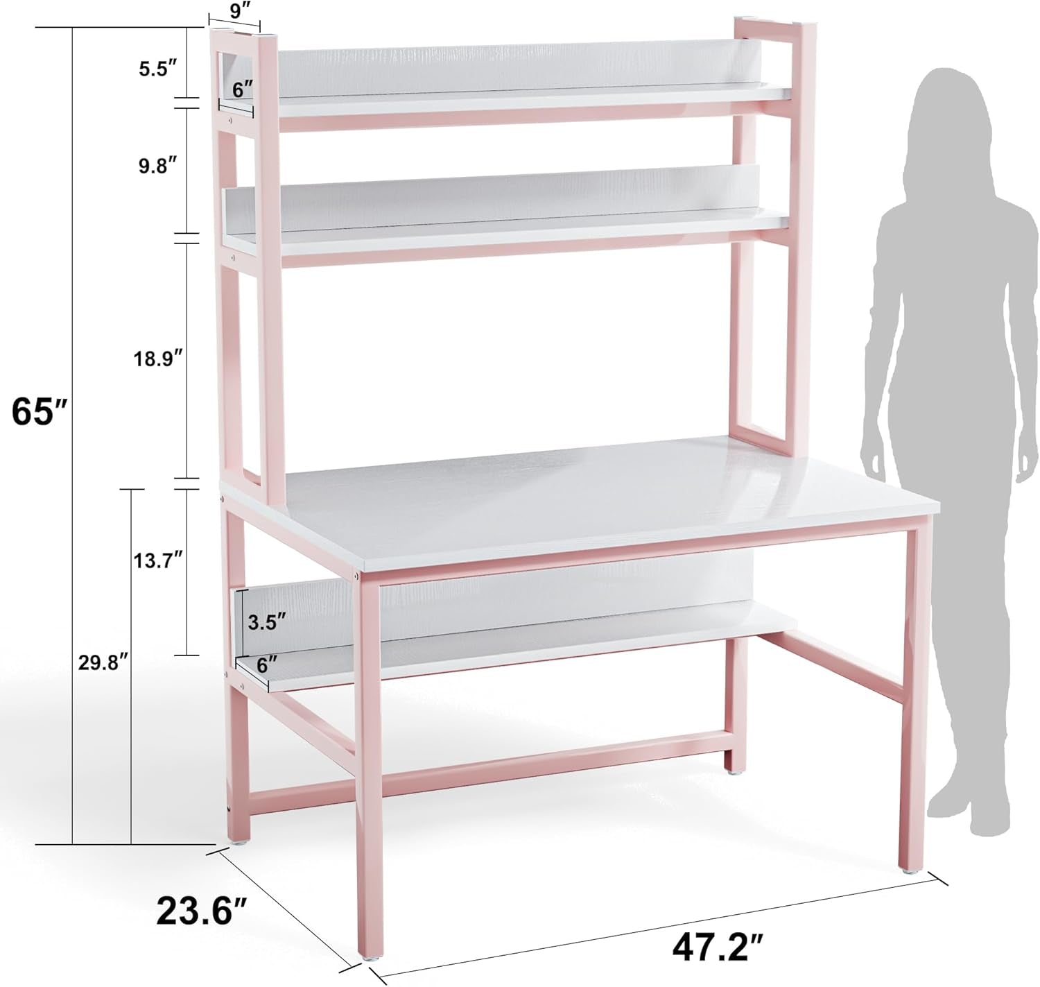 Pink Girls Desk Hutch, 47In Woman Computer Desk with Bookshelf & Storage Shelves, Space Saving Girls Writing Study Craft Table for Bedroom Kids Room, White Wood & Pink Iron Home Office Desks