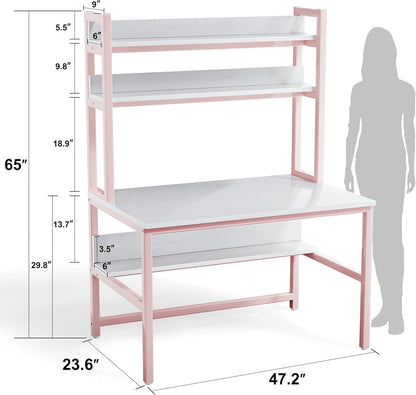 Pink Girls Desk Hutch, 47In Woman Computer Desk with Bookshelf & Storage Shelves, Space Saving Girls Writing Study Craft Table for Bedroom Kids Room, White Wood & Pink Iron Home Office Desks
