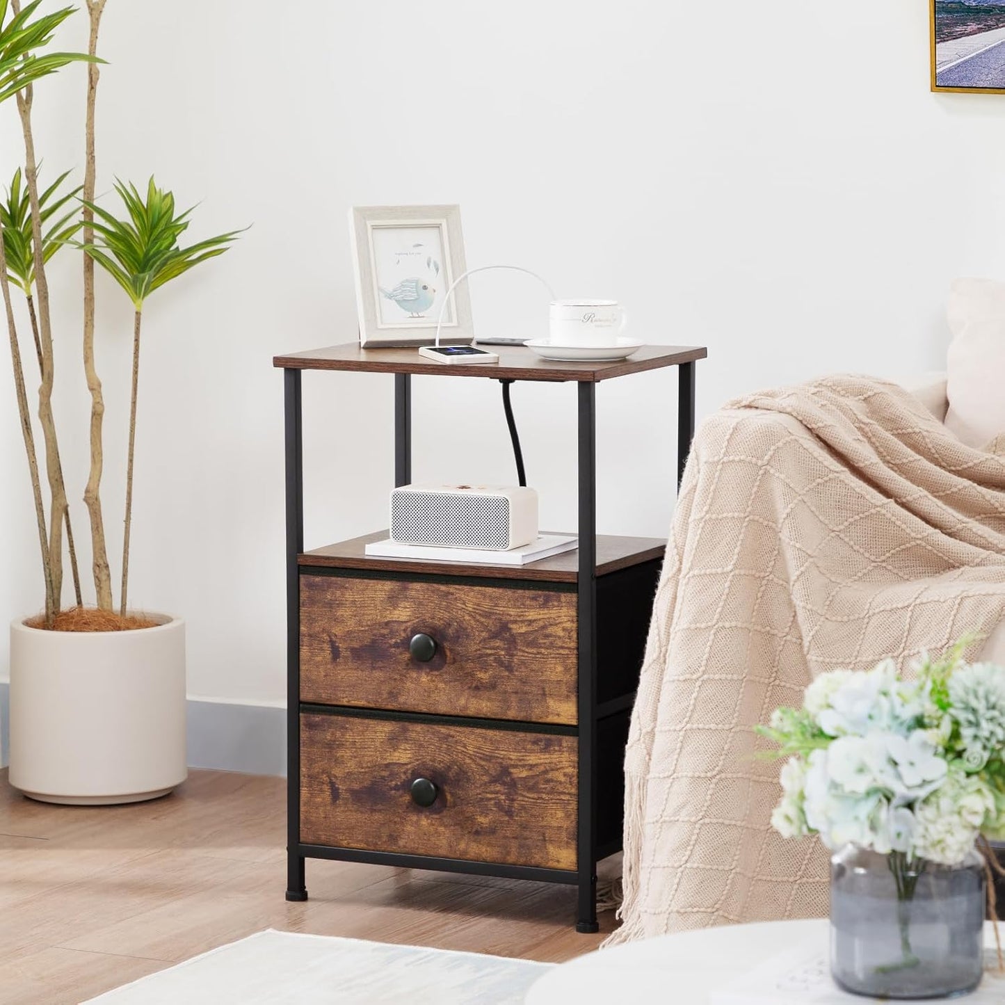 Night Stand Set 2, Nightstand with Charging Station, End Tables with Storage Shelf for Small Spaces, Bedside Table Side Tables with 2 Fabric Drawers for Bedroom, Rustic Brown, HETS020PBR