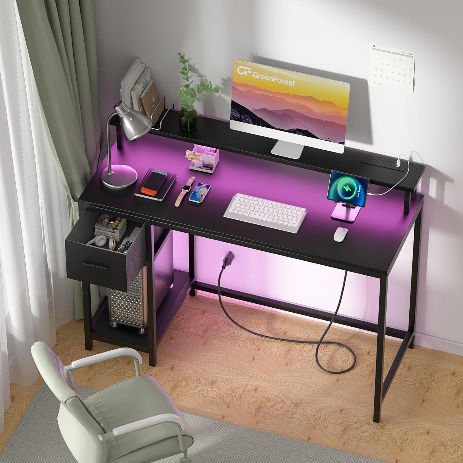 Gaming Desk 39 Inch with LED Lights and Monitor Stand, Computer Desk with Drawer for Small Spaces, Office Desk with Power Outlets and Shelf, Black