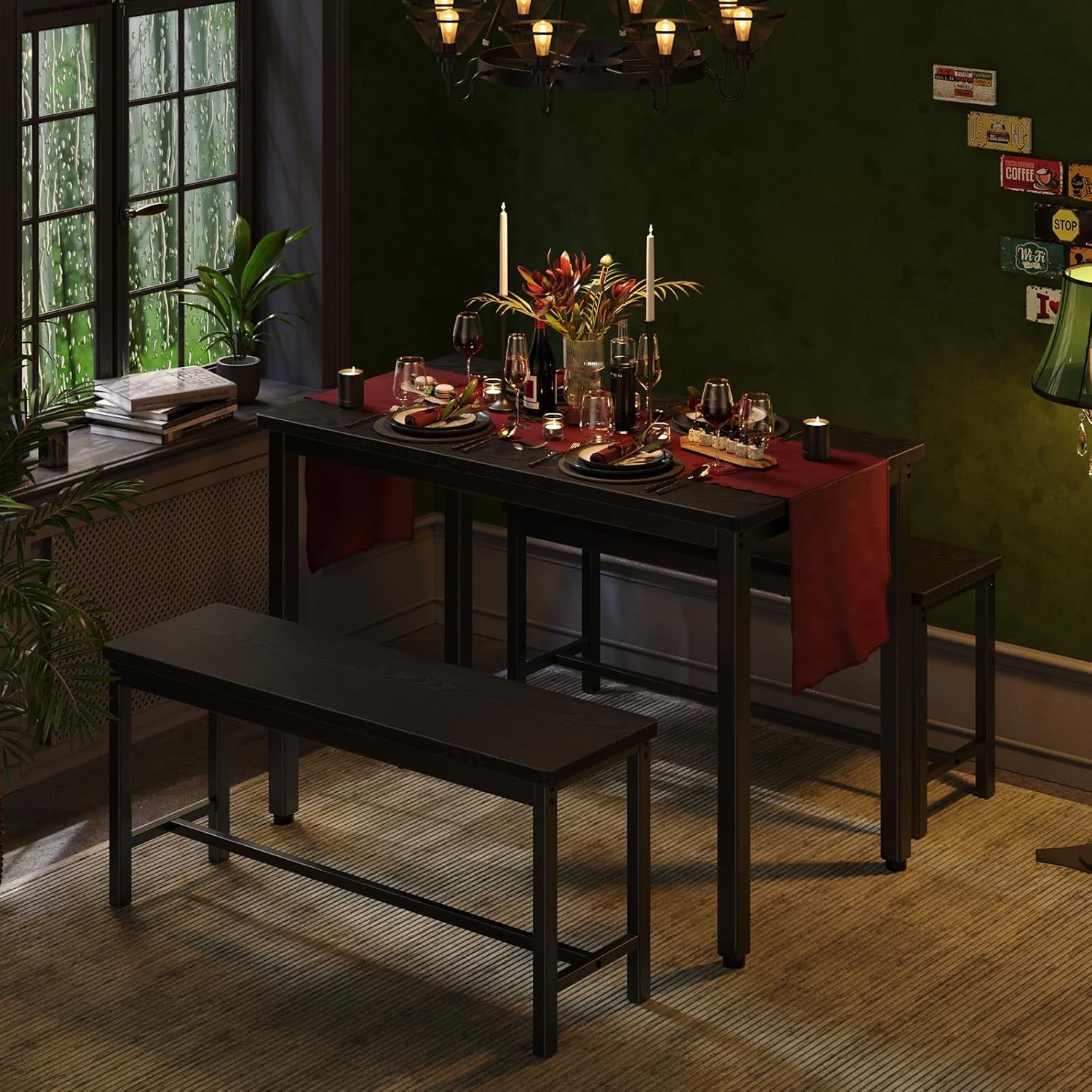 Dining Table Set for 4, 3-Piece Kitchen Table with 2 Benches, Space-Saving Dining Room Set for Breakfast Nook and Small Spaces, Black