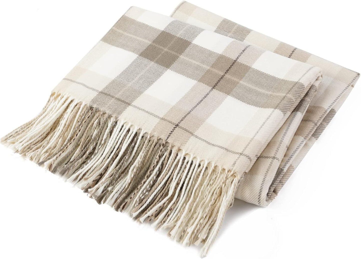 Fall Plaid Throw Blanket for Couch, Farmhouse Checkered Decor Throw, Lightweight Beige Throw Blankets for Bed Sofa Neutral Fall Decor, 50"X60"