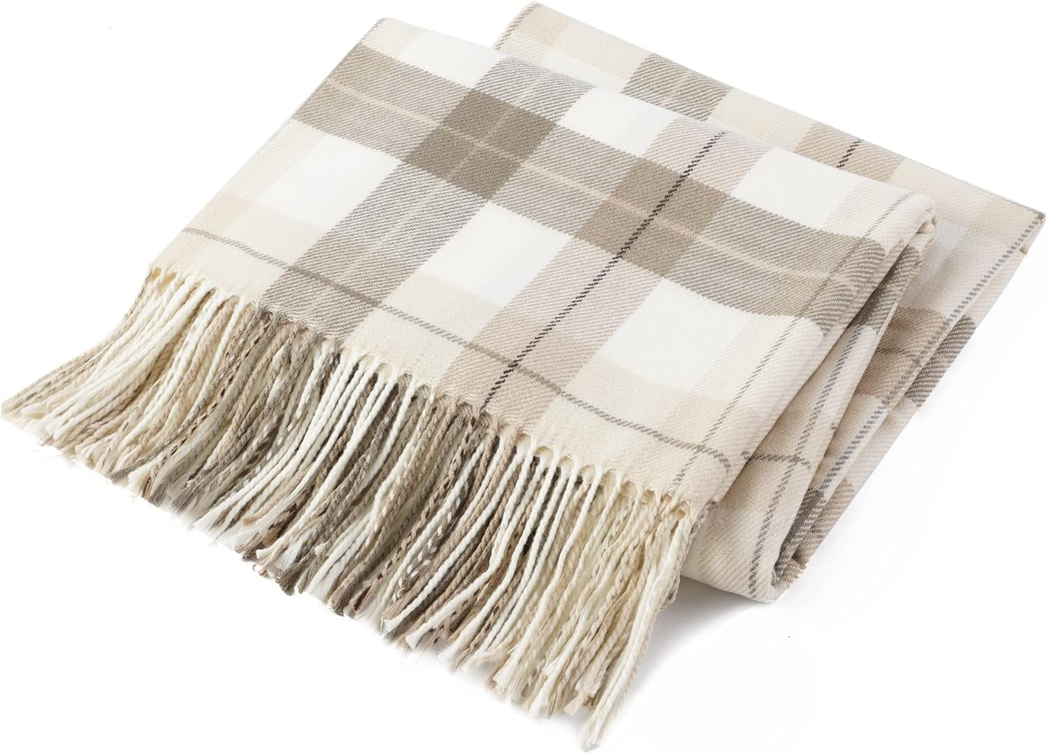 Fall Plaid Throw Blanket for Couch, Farmhouse Checkered Decor Throw, Lightweight Beige Throw Blankets for Bed Sofa Neutral Fall Decor, 50"X60"
