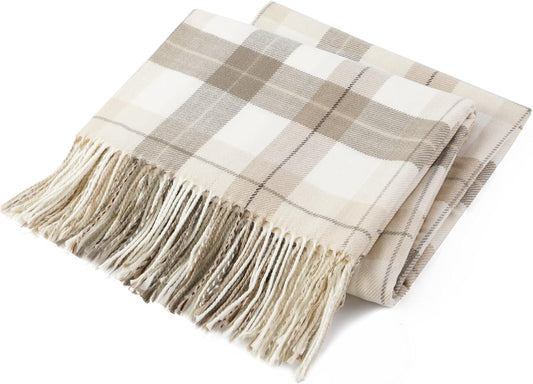 Fall Plaid Throw Blanket for Couch, Farmhouse Checkered Decor Throw, Lightweight Beige Throw Blankets for Bed Sofa Neutral Fall Decor, 50"X60"