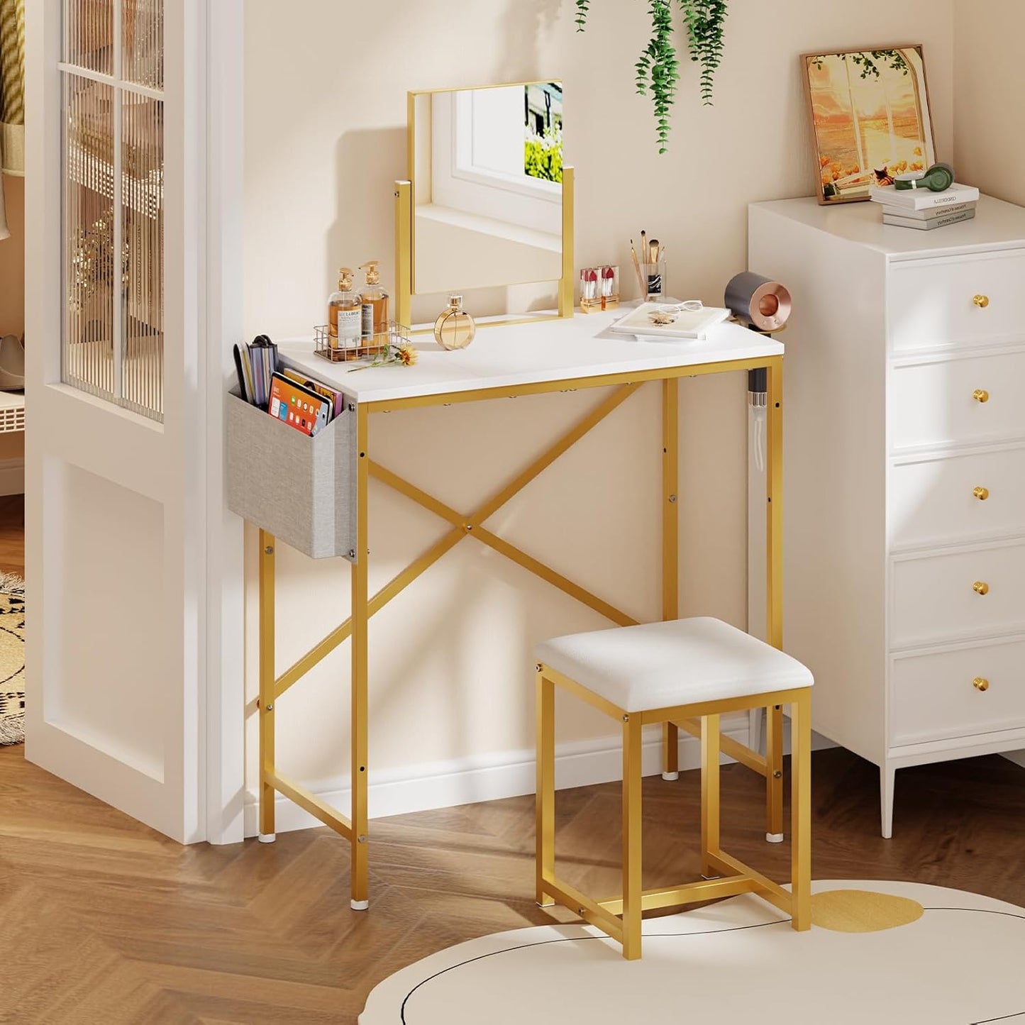 Makeup Vanity Set with 360°Rotating Mirror Amd PU Leather Chair, Compact Small Vanity Desk with Side Pocket for Small Space, Dressing Table for Bedroom, Cheap Gold and White Vanity for Girls and Women