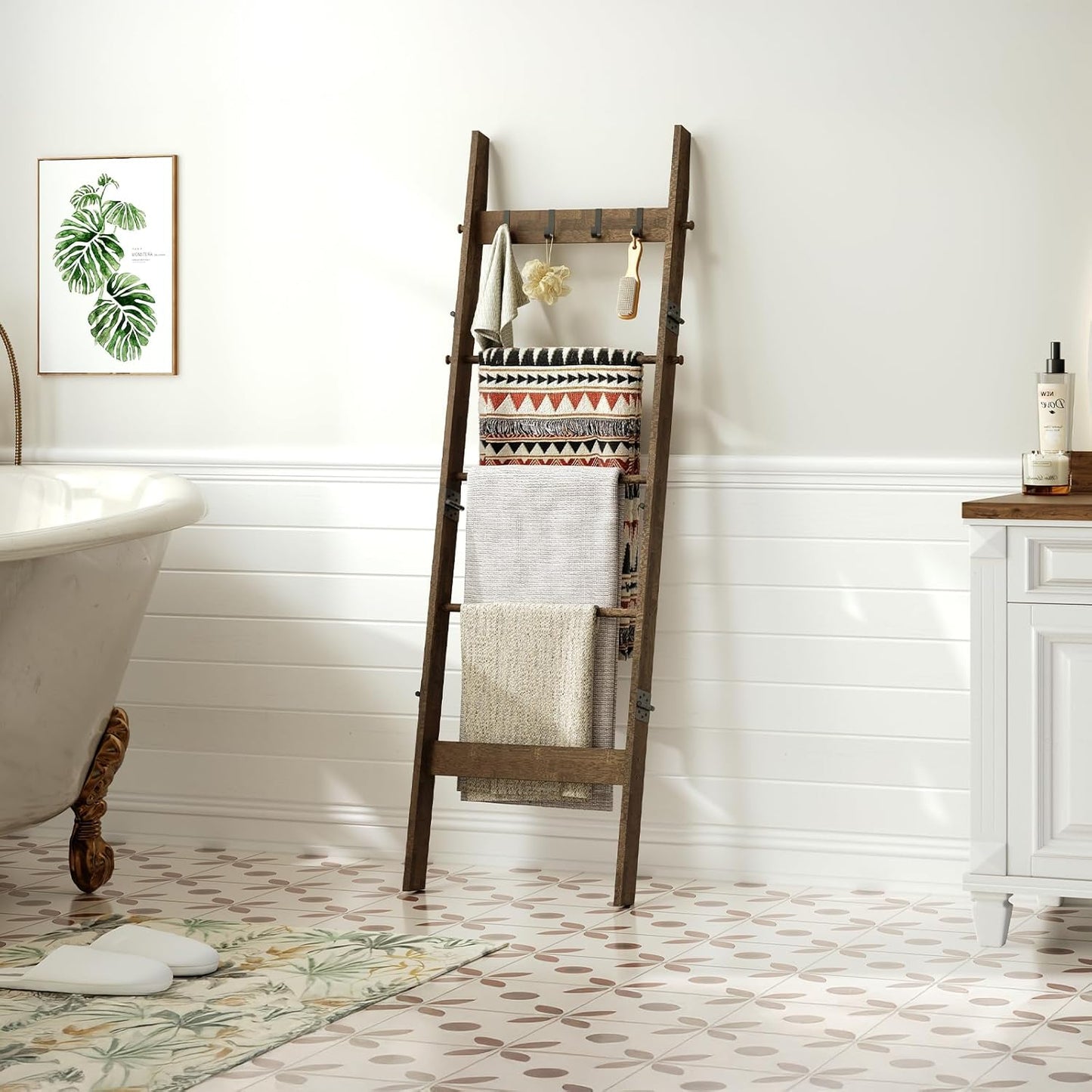 5-Tier Bamboo Ladder Shelf, Farmhouse Style Blanket Ladder, Rustic Decorative Ladder with 4 Removable Hooks, Brown