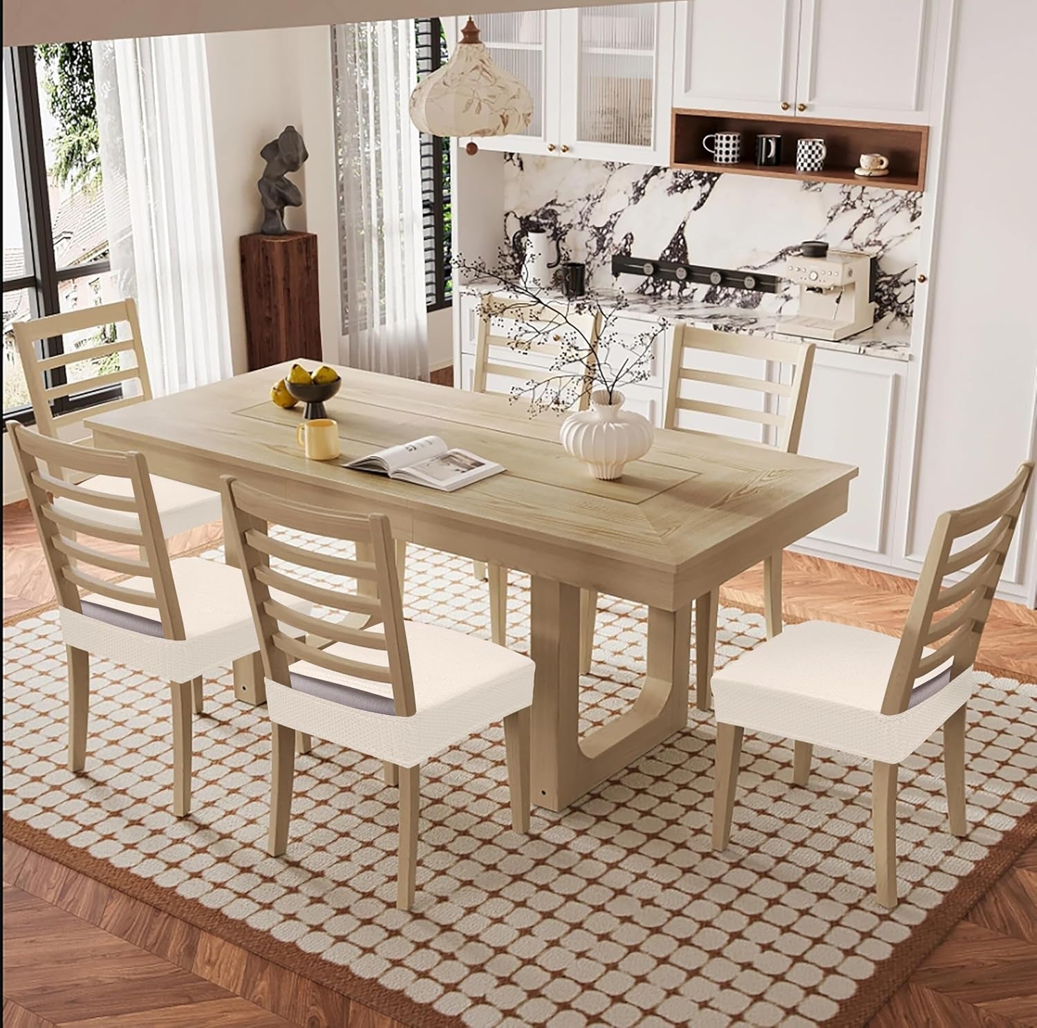 Waterproof Seat Covers for Dining Room Chairs Set of 4, Stretch Jacquard Removable Washable Chair Seat Slipcovers Protector, No Rear Covers, Beige