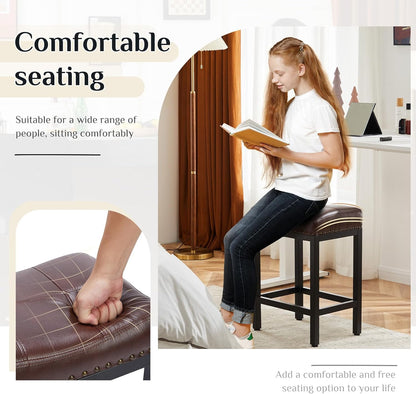 Bar Stools Set of 2, 24 Inch Counter Height Stools, PU Leather Upholstered Bar Chairs with Footrest, Modern Bar Stools for Kitchen Island, Dining, Living Room, Brown
