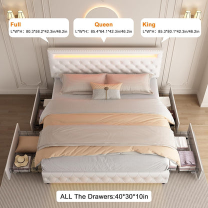 GEGOFORU Queen LED Bed Frame with 4 Storage Drawers, Adjustable LED Headboard, Remote & App Control Lights, Plush Upholstered Platform with Silver Nailhead Trim, No Box Spring Needed - White