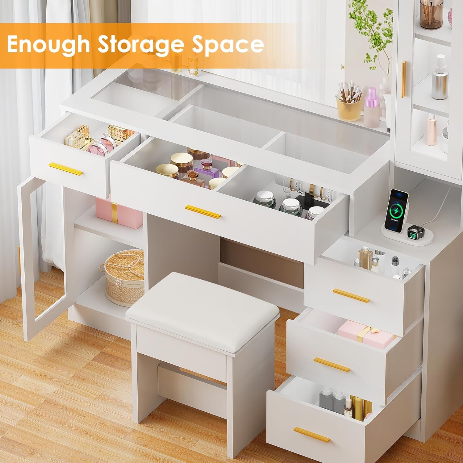 49.2" Large Vanity Desk with Mirror and Lights,White Makeup Vanity Table with Glass Top,Stool,Makeup Desk with Power Outlet,5 Drawers,Nightstand,Dressing Table for Bedroom Women FST34W