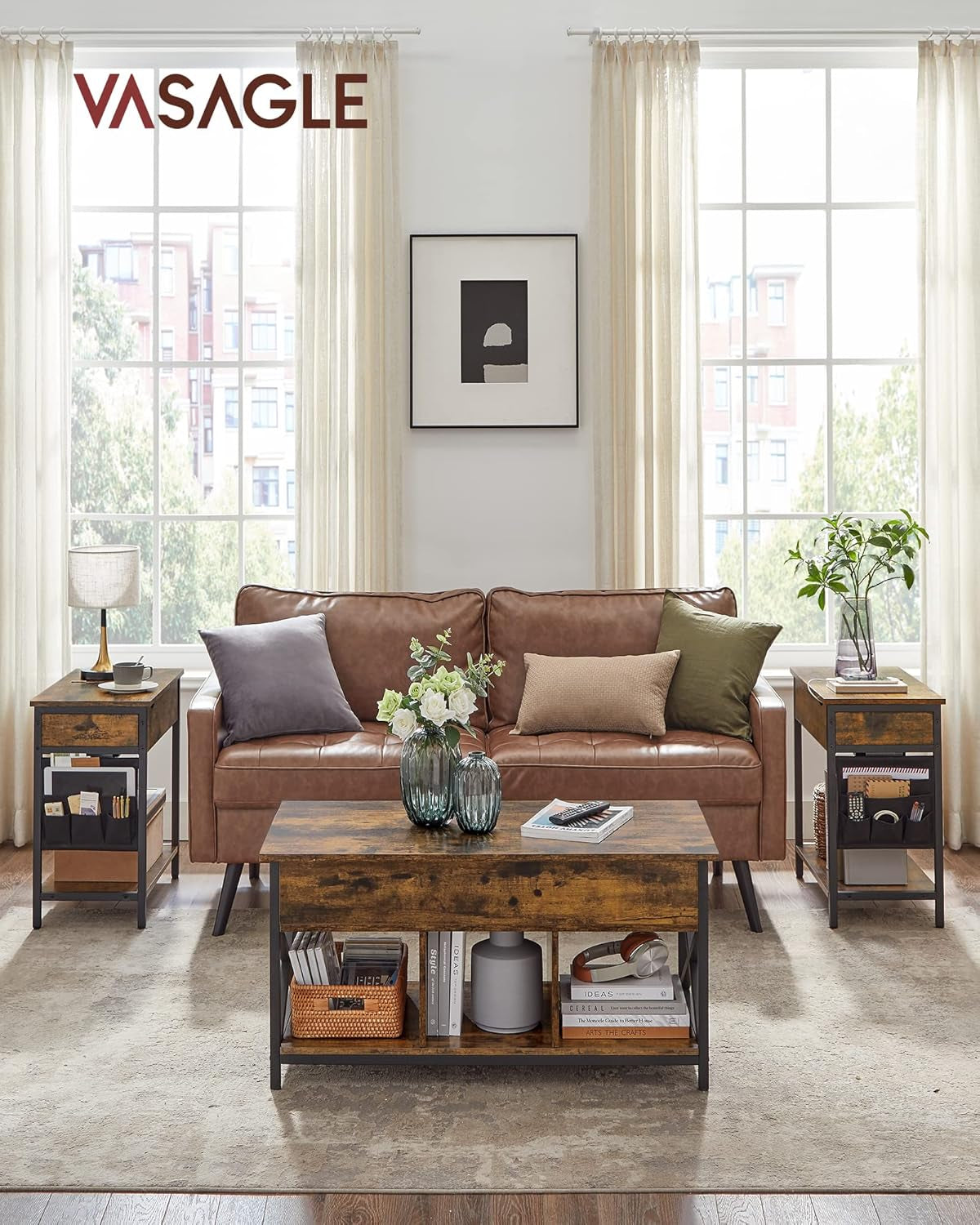 Side Tables with Storage, Set of 2 End Tables with USB Ports and Outlets, Nightstands with Charging Stations, Fabric Bags, for Living Room, Bedroom, Rustic Brown and Black ULET315B01V1