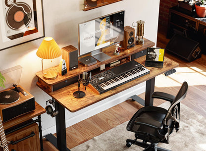 48 X 24 Inch Electric Height Adjustable Standing Desk with Double Drawers, 4 Adjustable Feet & 2 Hooks, Home Office Computer Workstation, Rustic Brown
