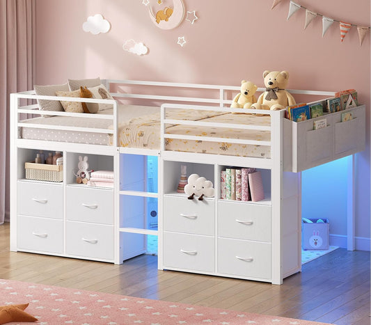 Low Loft Bed Twin Size with 8 Storage Drawers, Twin Loft Bed with Bookcase and LED Lights, Metal Kids Loft Bed with 14" H Safety Guardrail, Under-Bed Play Space, No Box Spring Needed, White
