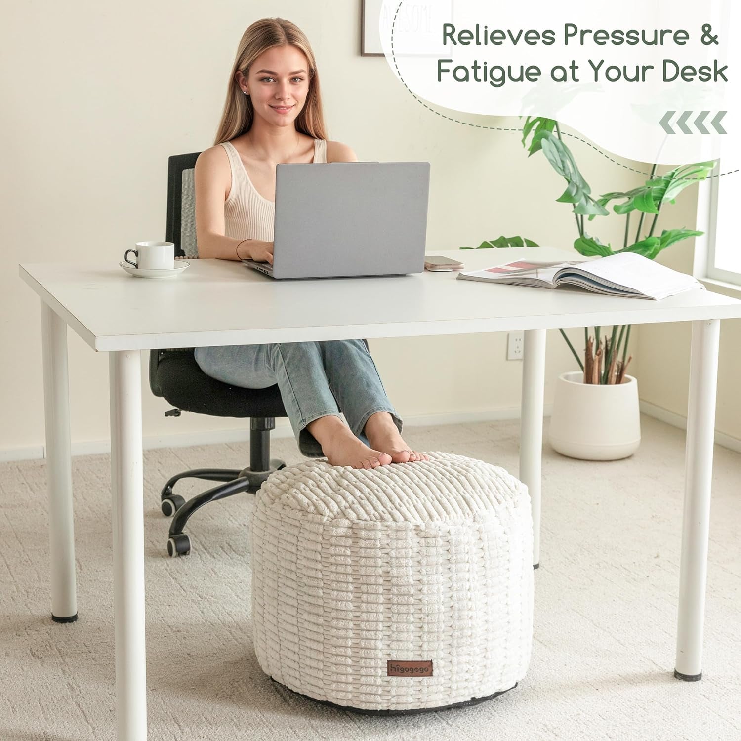 Pouf Ottoman Stuffed round Modern Foam Filled Foot Rest Poufs for Living Room Chair Decorative 20 X 15 Inches Boho Relax Stool for Wedding Christmas Party, Beige