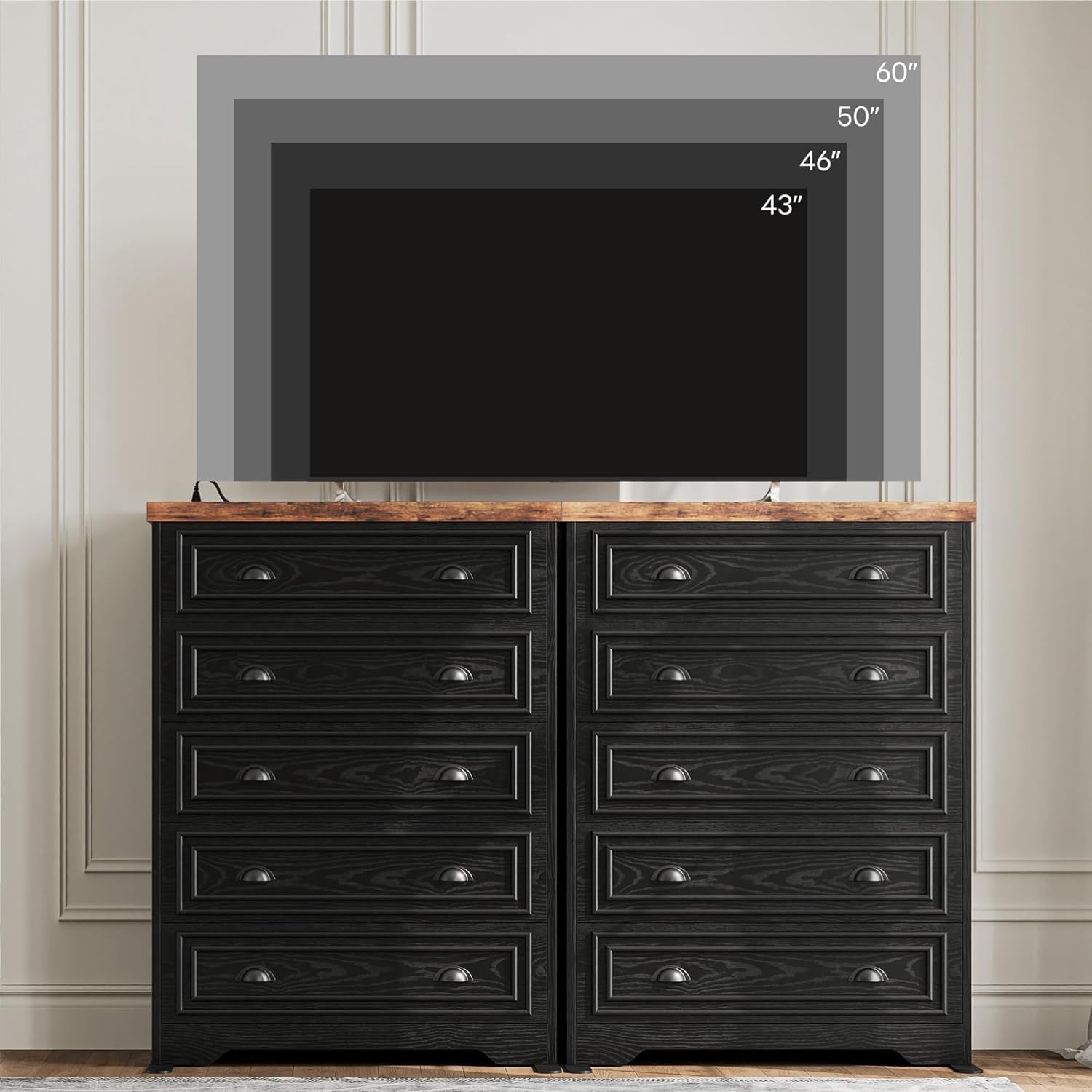 Farmhouse Bedroom Set, Power Strip, 4 Pieces Bedroom Furniture Set, 5 Drawer Dresser & 6 Drawer Dresser and 2 Nightstands, Chest of Drawers Wide Storage Cabinet for Bedroom, Black