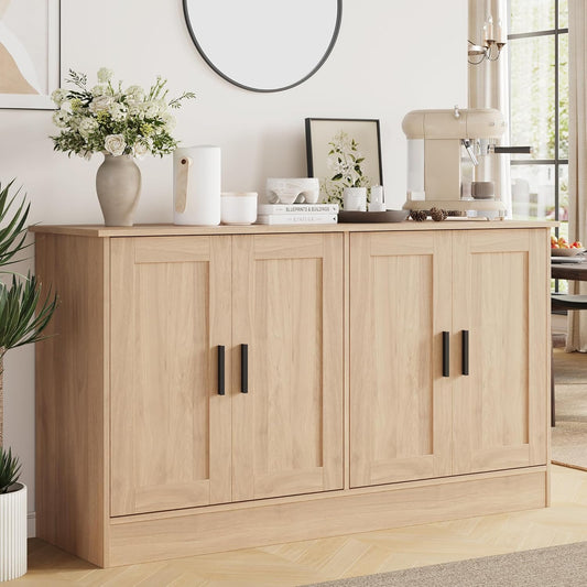 53.1“W Oak 4 Door Buffet Cabinet, Coffee Bar with Adjustable Shelf, Kitchen Sideboard for Living Room, Hallway