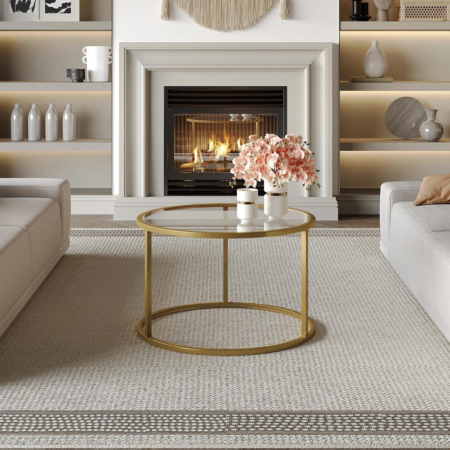 Small Glass Coffee Table round Gold Coffee Table for Small Space Modern Simple Center Table with Gold Frame for Living Room Home Office, Easy Assembly