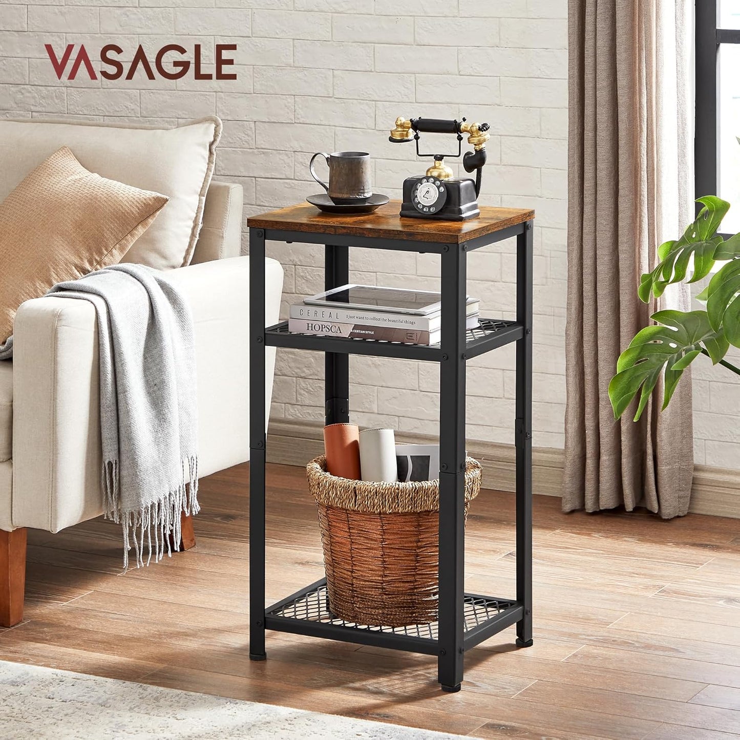 3-Tier Tall Side Table, Small Telephone End Table Stand with 2 Mesh Storage Shelves for Office, Bedroom, Living Room, Kitchen Cart, Rustic Brown and Black